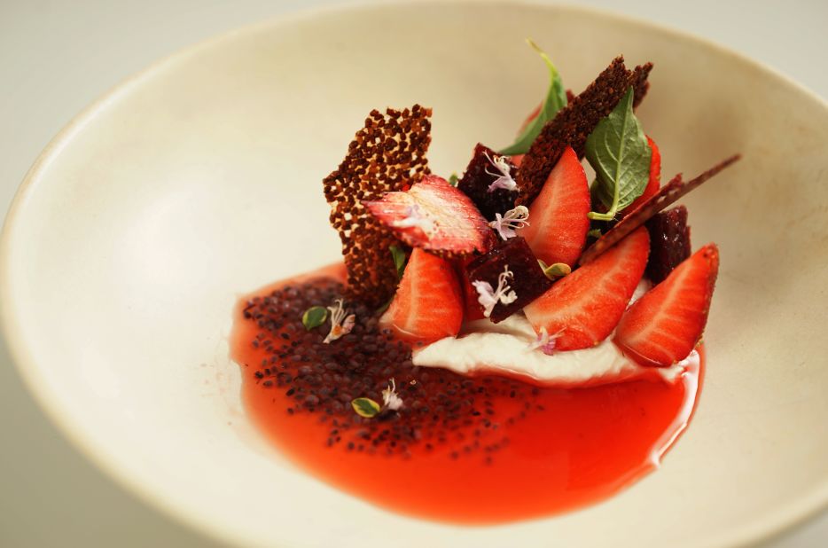 British Chef Nurdin Topham, of Hong Kong's Nur,   declared himself a huge fan of Filipino produce. His take on strawberries and cream used only locally sourced ingredients, including fermented buffalo yoghurt with cultured cream and end-of-season Filipino strawberries. 