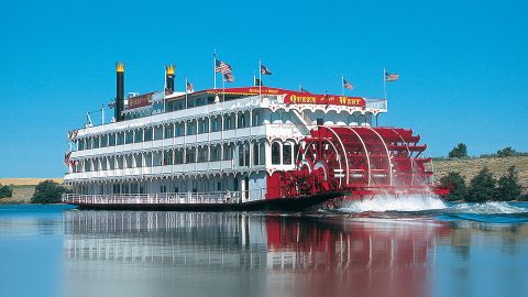 The Queen of the West, a four-deck,120-capacity authentic sternwheeler, churns the waters of the mighty Columbia and Snake rivers in Oregon and Washington.