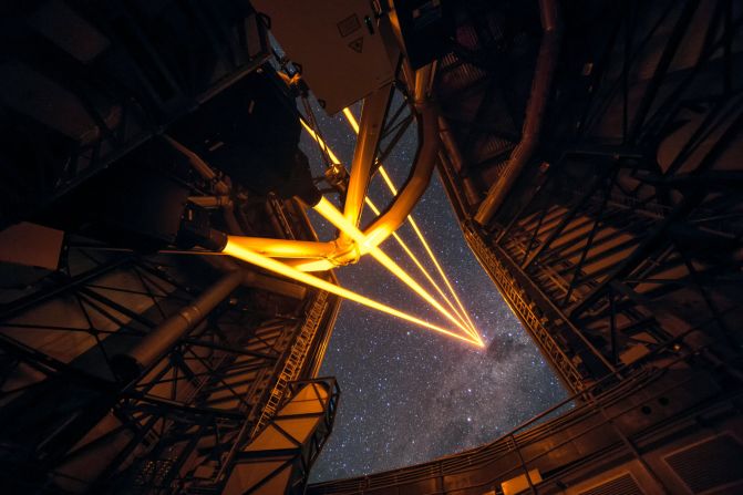 European Space Observatory's Paranal Observatory turned on four powerful lasers during a special event on April 26. This photo shows four beams coming from the new laser system on Unit Telescope 4 of the Very Large Telescope.