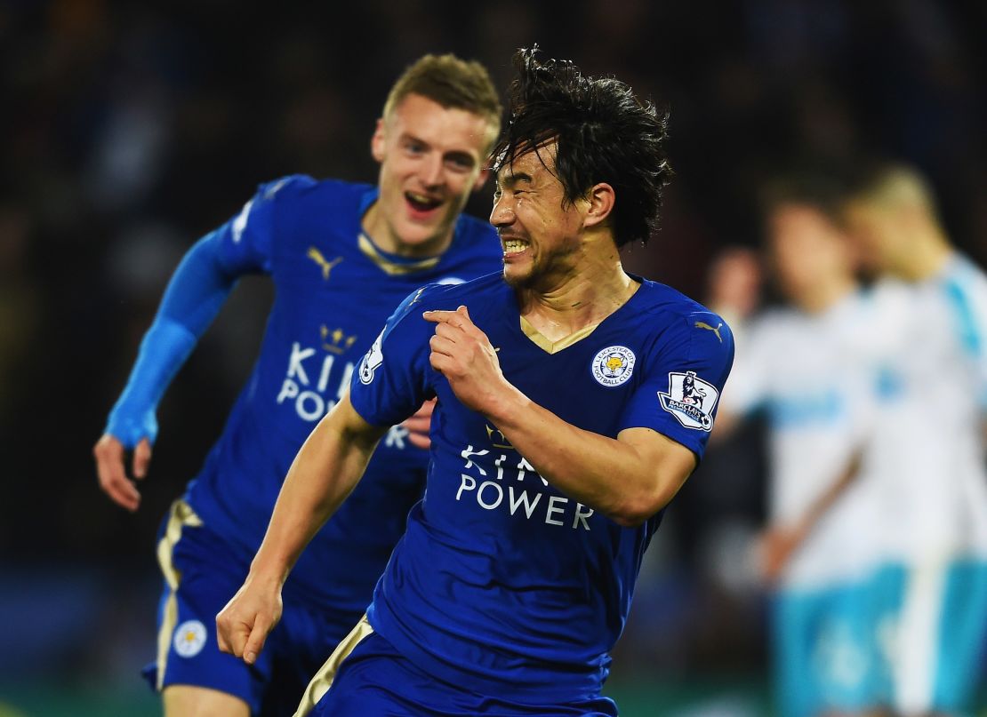 Shinji Okazaki and Jamie Vardy celebrate one of Leicester City's 63 league goals this season. 