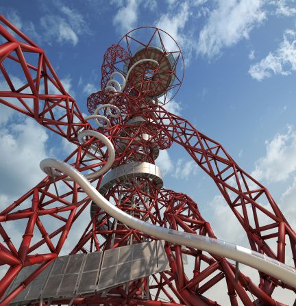 It weaves around the 115 meter-tall (377 ft) Orbit Tower in London. 
