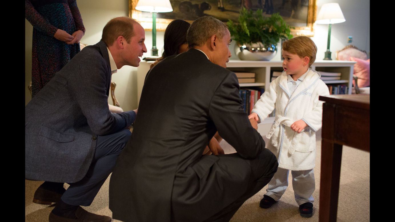 Britain's Prince George shakes hands with U.S. President Barack Obama, who was visiting Kensington Palace in London on Friday, April 22. <a href="http://www.cnn.com/2016/04/21/politics/gallery/obama-saudi-europe-trip/index.html" target="_blank">See more photos from the Obamas' trip to the United Kingdom, Germany and Saudi Arabia</a>