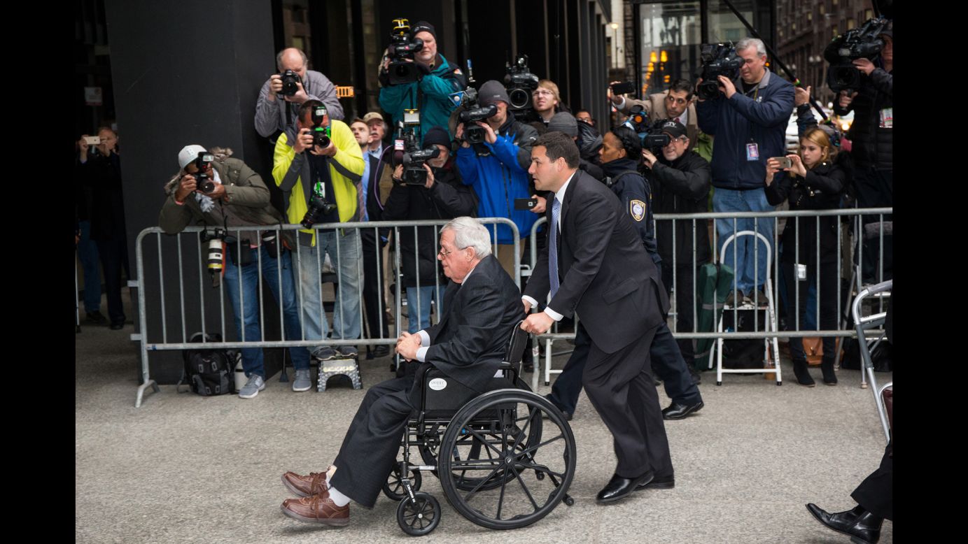 Former U.S. House Speaker Dennis Hastert is wheeled into a Chicago courthouse on Wednesday, April 27. <a href="http://www.cnn.com/2016/04/27/politics/dennis-hastert-sentencing/" target="_blank">He was sentenced to 15 months in prison</a> in a hush-money case that revealed he was accused of sexually abusing boys as a teacher in Illinois. He was also ordered to pay $250,000 to a victims fund.