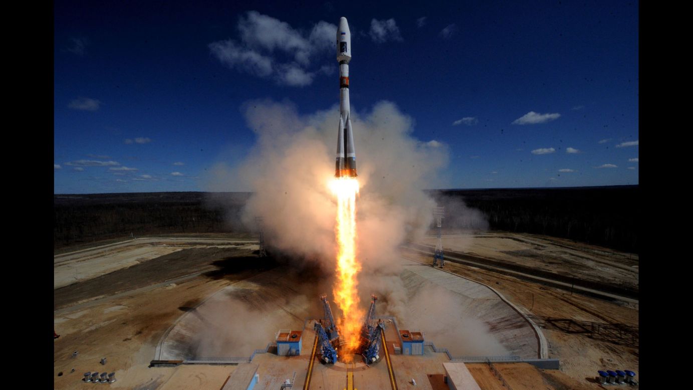 A rocket carrying satellites lifts off from a cosmodrome outside Uglegorsk, Russia, on Thursday, April 28.