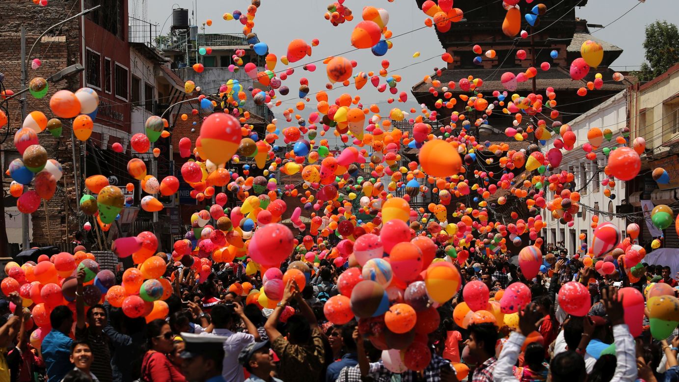 People in Kathmandu, Nepal, release balloons Saturday, April 23, to remember the thousands of people who died in <a href="http://www.cnn.com/specials/world/nepal-earthquake" target="_blank">the country's earthquakes</a> last year.