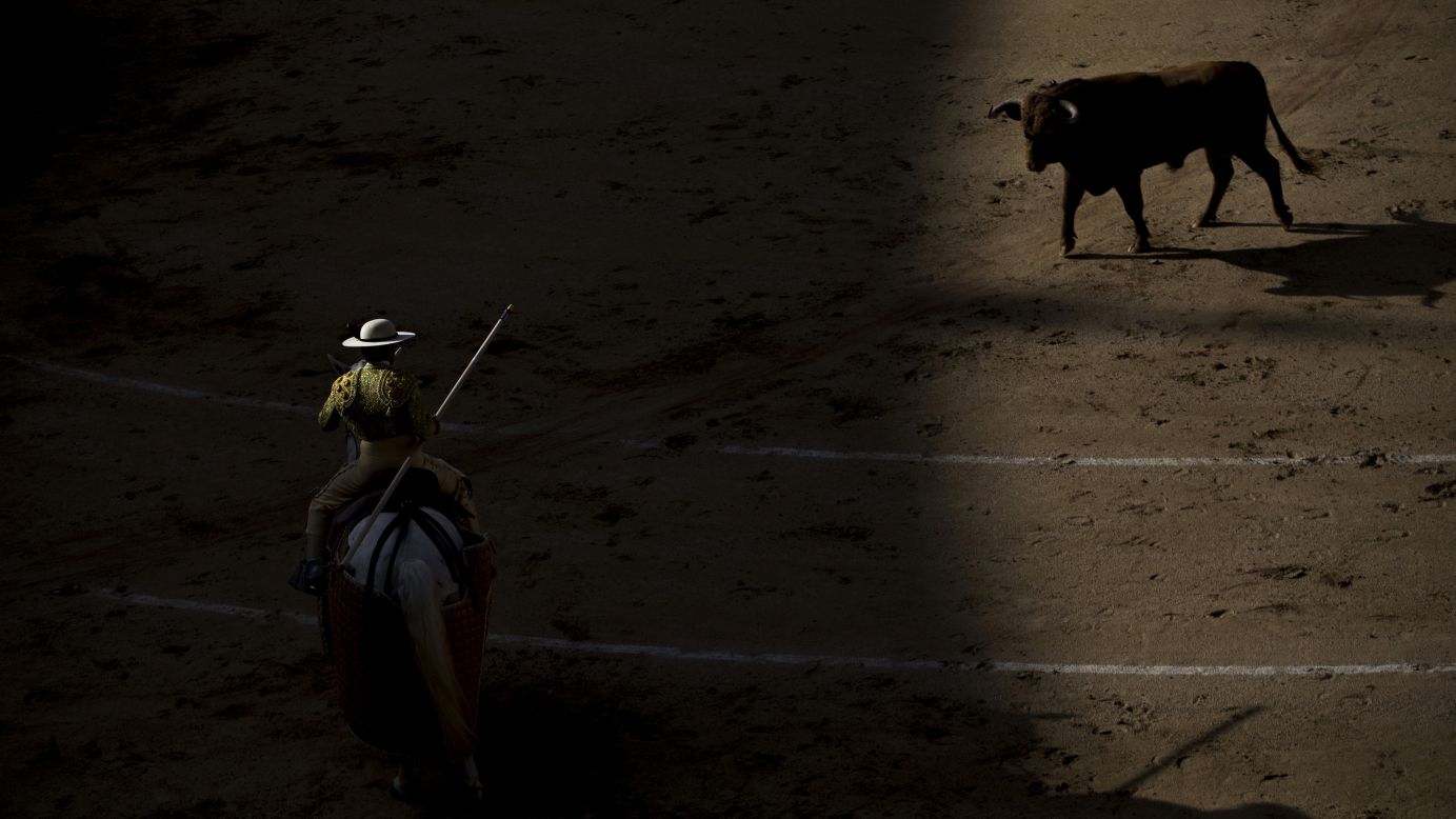 A picador prepares to use his lance during a bullfight in Madrid on Sunday, April 24.