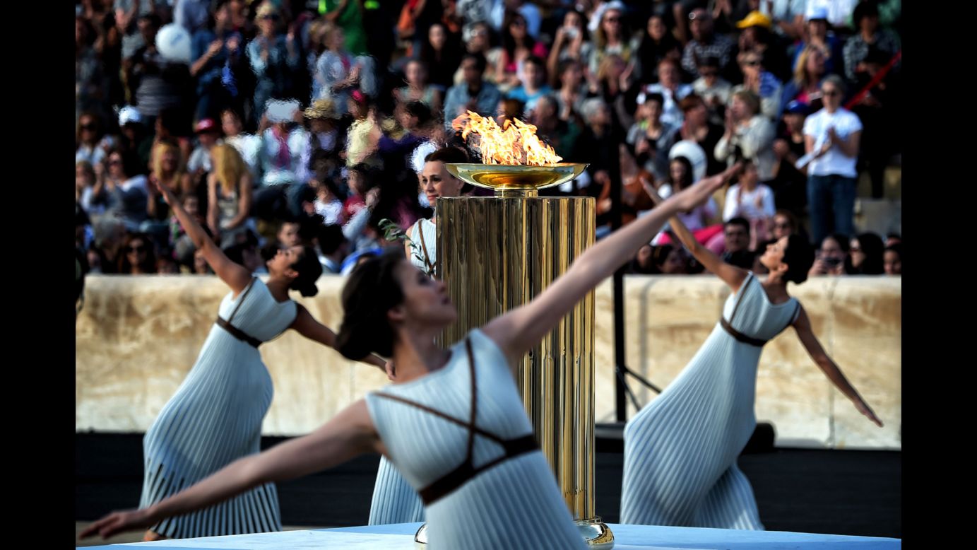 The Olympic flame burns in Athens, Greece, during a handover ceremony on Wednesday, April 27. The flame is bound for Rio de Janeiro, which hosts the Summer Games in August.