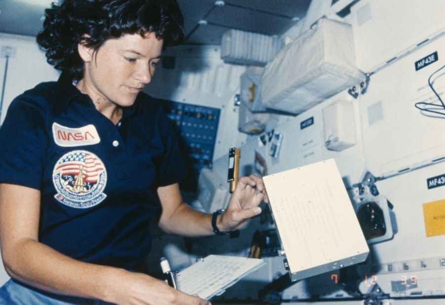 Despite the lack of gravity, periods happen normally in space and do not cause 'reverse flow' as once feared. Pictured, NASA astronaut Sally Ride (1951 - 2012) is pictured inside the Challenger space shuttle in which she became the first American woman in space in 1983 -- 20 years after Valentina Tereshkova.