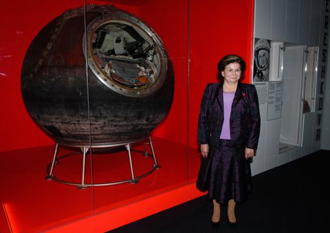 Here Tereshkova poses with the Vostok 6 capsule she piloted over 50 years ago. Her space flight lasted 2 days, 22 hours and 50 minutes.