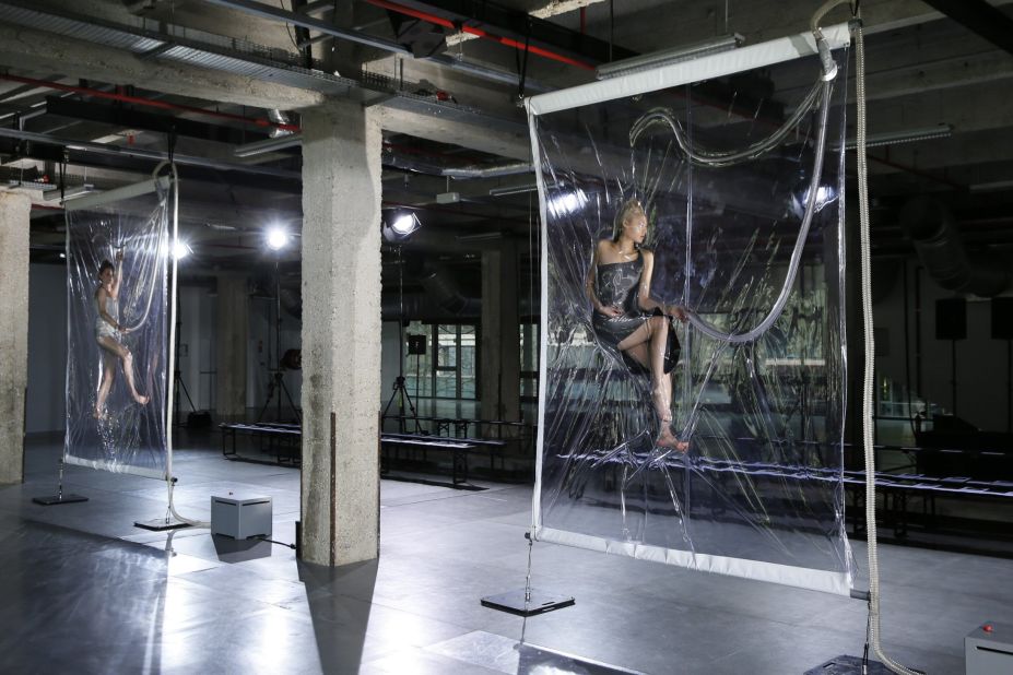 Vacuum-packed models lined the catwalk at her Autumn-Winter 2014 show. The installation was done in collaboration with Belgian artist Lawrence Malstaf. 