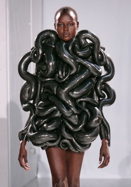 Nicknamed the "snake dress," this acrylic garment is meant to symbolize ones mental state before sky-diving.
