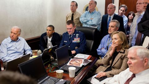 President Barack Obama and Vice President Joe Biden, along with members of the national security team, receive an update on the mission against Osama bin Laden in the Situation Room of the White House, May 1, 2011. 
