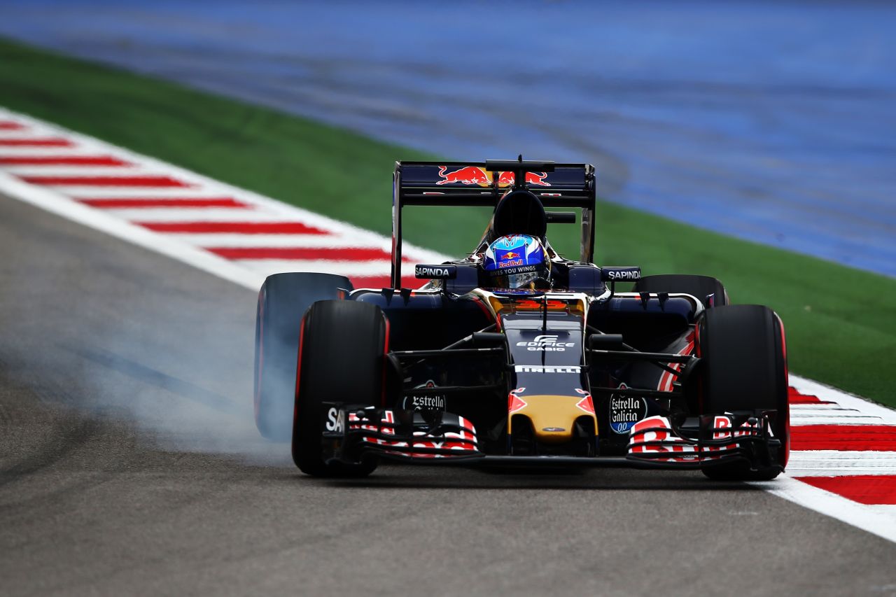 Max Verstappen of the Netherlands driving the (33) Scuderia Toro Rosso STR11 Ferrari 060/5 turbo locks a wheel under braking on track during qualifying for the Formula One Grand Prix of Russia at Sochi Autodrom on April 30, 2016 in Sochi, Russia. 