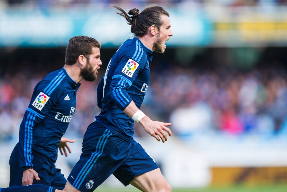 Gareth Bale of Real Madrid celebrates after scoring the only goal during the La Liga match between Real Sociedad and Real Madrid.