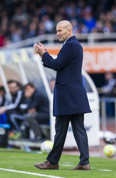 Manager  Zinedine Zidane of Real Madrid reacts during the La Liga match between Real Sociedad and Real Madrid.