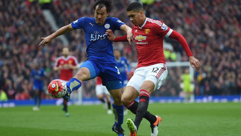 Leicester City had the chance to win the English Premier League Sunday at Old Trafford. Claudio Ranieri's team needed to beat Manchester United to claim the title for the first time in its history. Here Shinji Okazaki of Leicester City is pictured with United defender Chris Smalling.