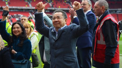 Chairman of Leicester City Vichai Srivaddhanaprabha acknowledges the fans after a match between Manchester United and Leicester City at Old Trafford on May 1, 2016.