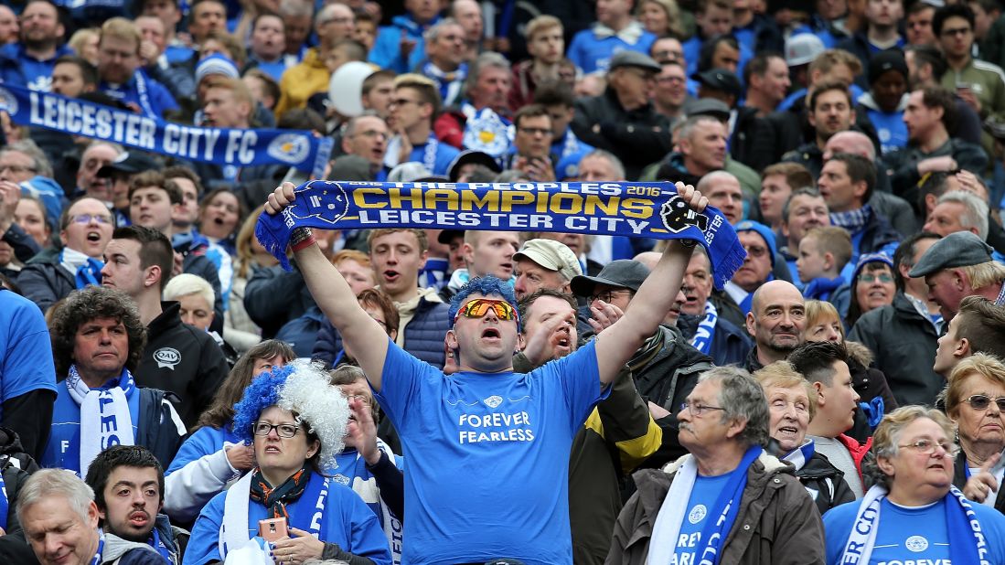 Leicester fans show their support for Ranieri's team at Old Trafford.