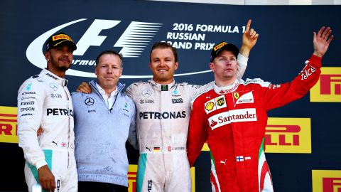 Lewis Hamilton, Nico Rosberg and Kimi Raikkonen celebrate on the podium