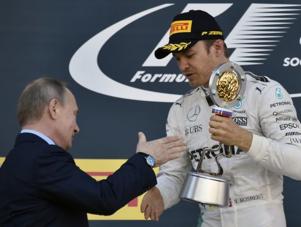 President Vladimir Putin was on the podium to hand out the victory laurels to Rosberg once more. Another engine problem left Hamilton back in second as his teammate <a href="index.php?page=&url=http%3A%2F%2Fcnn.com%2F2016%2F05%2F01%2Fmotorsport%2Frussian-grand-prix-sochi-lewis-hamilton-nico-rosberg%2F" target="_blank">moved into a 43-point lead.</a>