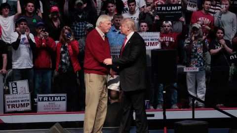 Donald Trump shakes hands with former Indiana University basketball coach Bobby Knight during a campaign rally at the Indiana Farmers Coliseum on April 27, 2016 in Indianapolis, Indiana.