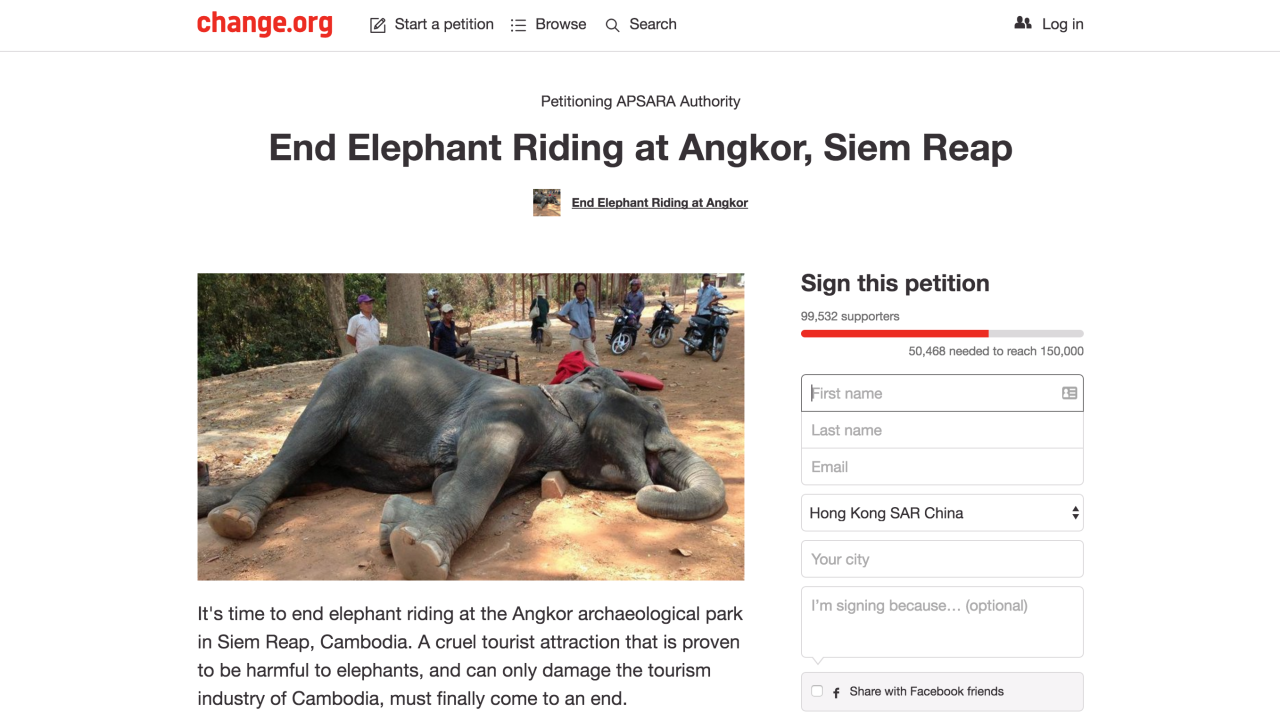 A petition to end elephant riding in Siem Reap has gathered almost 100,000 signatures. 