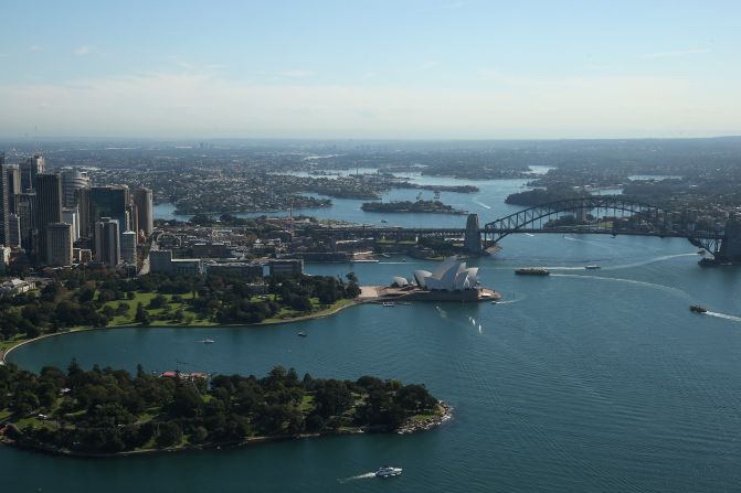 The most familiar Sydney view of all: the Opera House and Sydney Harbor Bridge as photographed from the Appliances Online blimp, the only one currently flying in the Southern Hemisphere. It's the starting point of the <a href="index.php?page=&url=http%3A%2F%2Fedition.cnn.com%2Fvideos%2Fsports%2F2016%2F01%2F14%2Fmainsail-rolex-sydney-hobart-spc-c.cnn" target="_blank">Sydney to Hobart yacht race</a>, won in December by American yacht Comanche.
