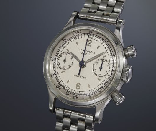 Patek dress models in gold command higher auction prices, but the rare stainless steel sports models are much cooler. This water-resistant chronograph from 1955 features a two-tone silvered dial, applied Arabic and baton hour markers, and an outer tachometer scale. It was sold by the famed firm of Freccero & Cia.<br />