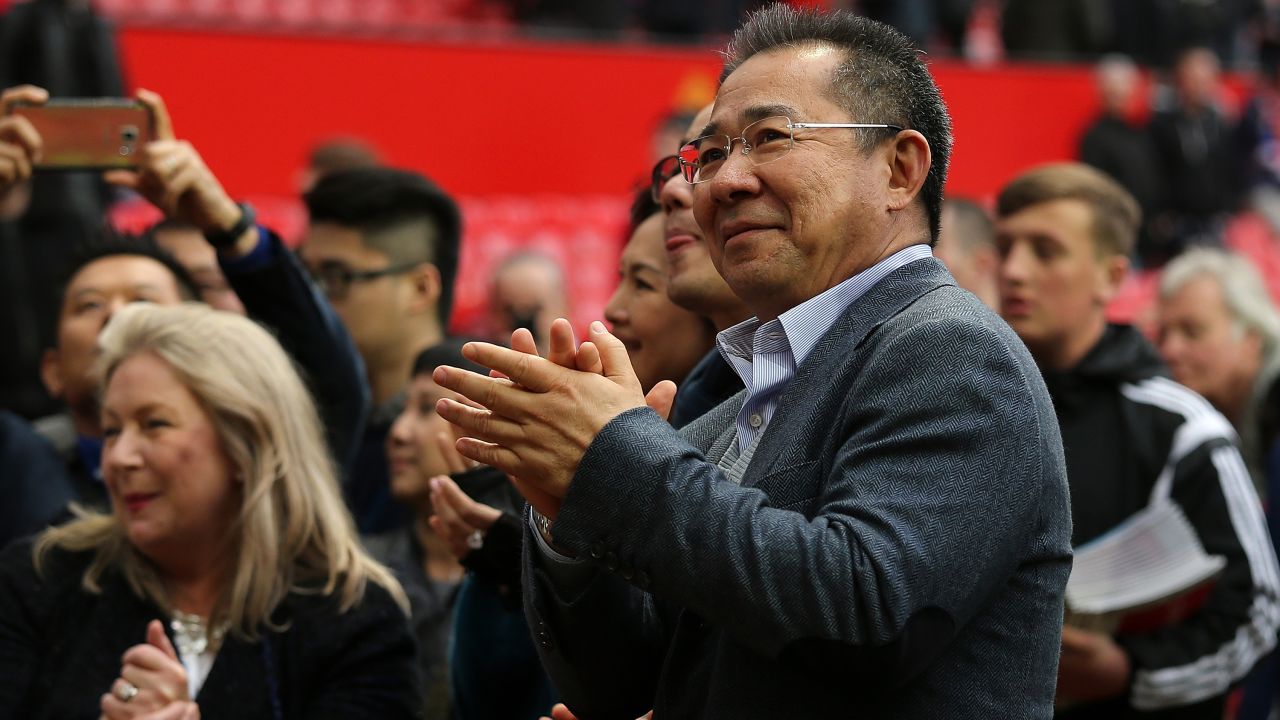 Leicester City owner Vichai Srivaddhanaprabha applauds fans at the end of the Manchester United match.