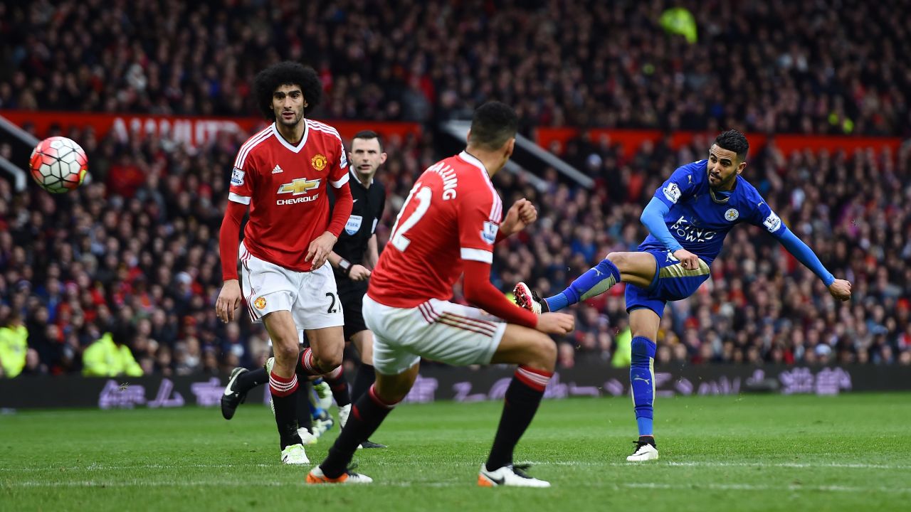 Leicester City winger Riyad Mahrez takes a shot during the Manchester United match. Last month, Mahrez was named player of the year by his peers in the Professional Footballers' Association. He has 17 goals and 11 assists in 34 Premier League matches.