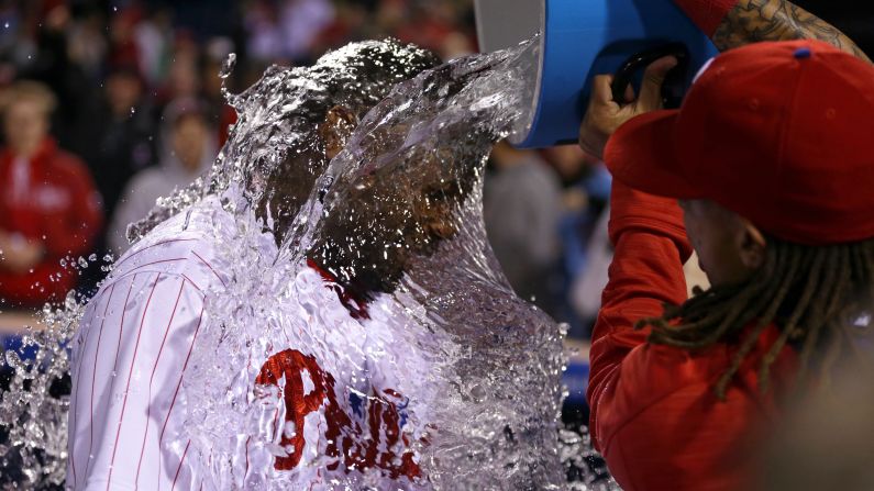 Ryan Howard is doused by a teammate in Philadelphia after hitting a walk-off home run in the 11th inning on Friday, April 29. The Phillies defeated Cleveland 4-3.
