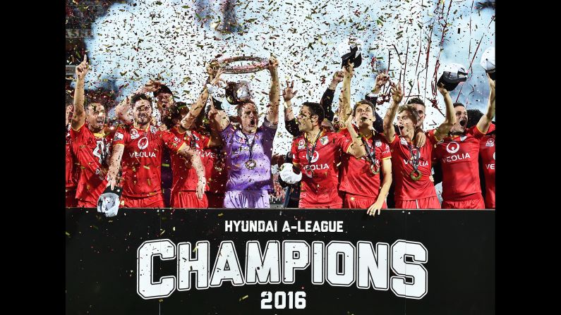 Adelaide United celebrates after defeating Western Sydney in the Grand Final match of the Australian soccer league on Sunday, May 1.
