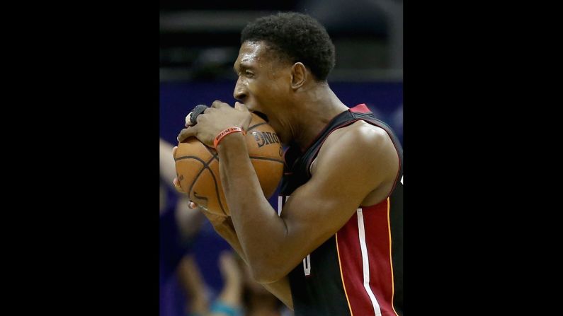 Miami's Josh Richardson reacts to a call made during an NBA playoff game in Charlotte, North Carolina, on Friday, April 29. Miami won the game and later the series to advance to the second round.