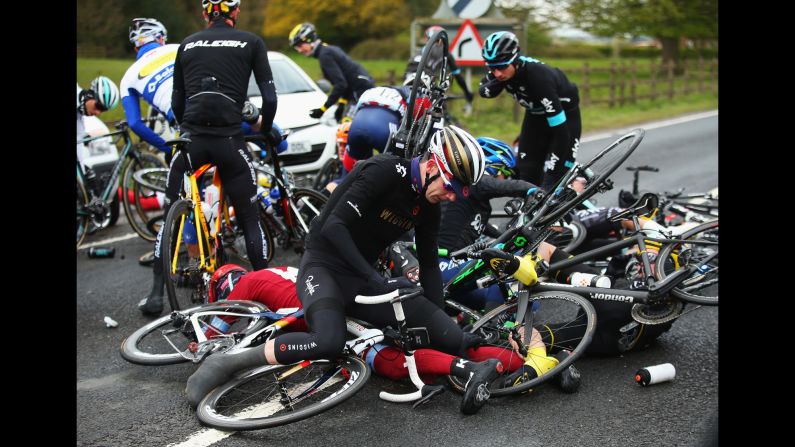 Cyclists crash in Beverley, England, during the first stage of the Tour de Yorkshire on Friday, April 29.