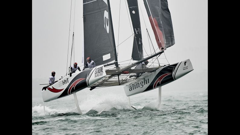 The Alinghi extreme sailing team, skippered by Ernesto Bertarelli, competes in a race in Qingdao, China, on Monday, May 2. The team would go on to win the race.