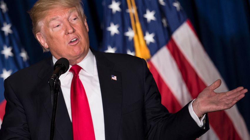 Republican presidential candidate Donald Trump delivers a foreign policy speech at the Mayflower Hotel April 27, 2016 in Washington, DC.
Donald Trump pledged Wednesday to pursue an "American First" foreign policy if elected president, demanding that allies contribute more to global security. "America First will be the major and overriding theme of my administration," he said in a speech outlining his foreign policy.
 / AFP / Brendan Smialowski        (Photo credit should read BRENDAN SMIALOWSKI/AFP/Getty Images)