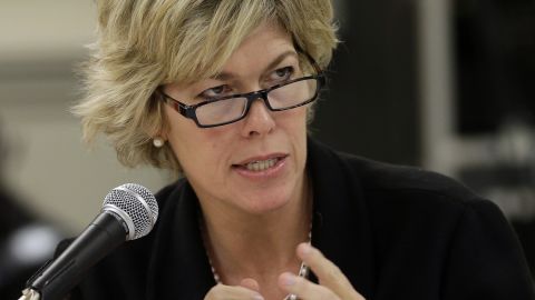 Florida State Board of Education member Sally Bradshaw gestures as she interviews finalists for the commissioner of education on December 11, 2012, in Tampa, Florida.