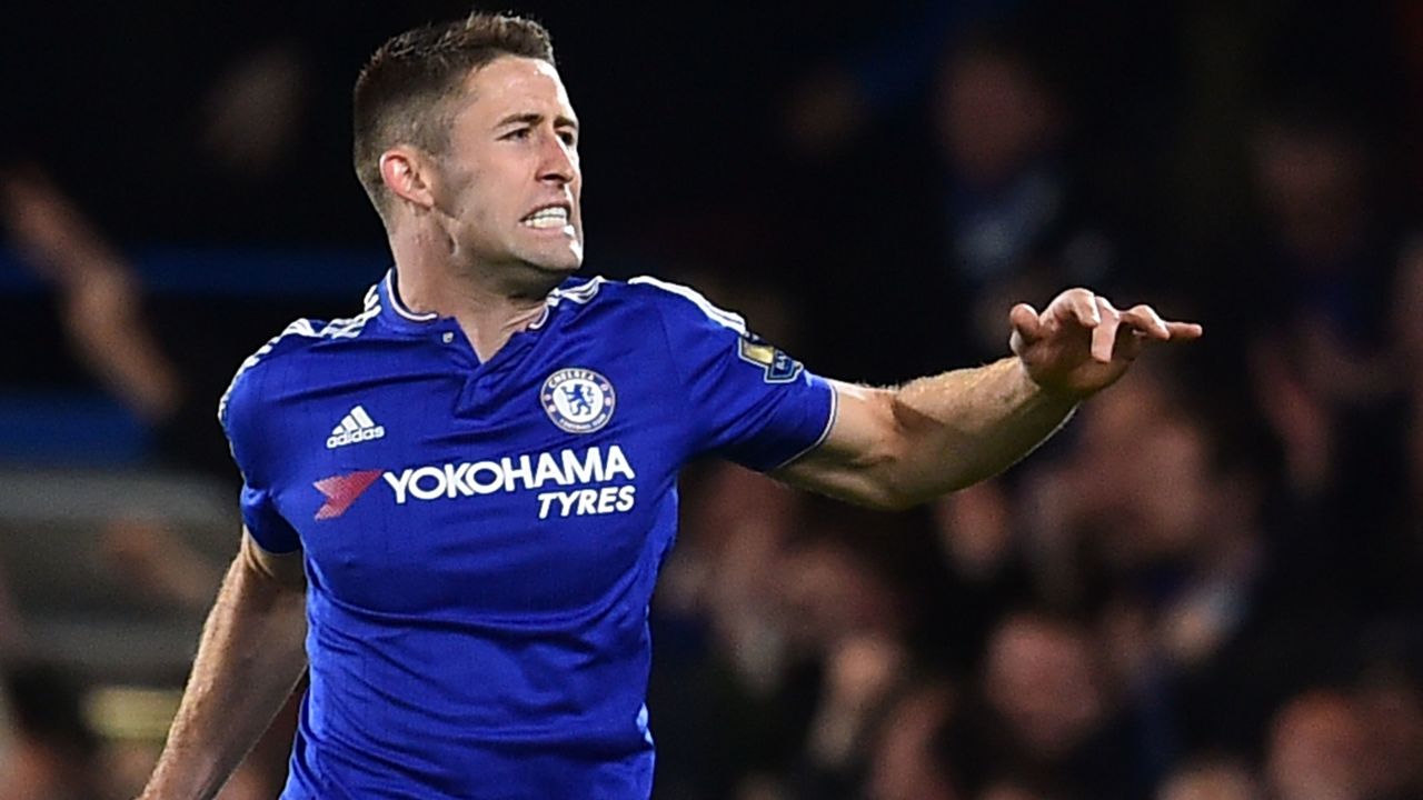 Chelsea defender Gary Cahill celebrates scoring against Spurs.