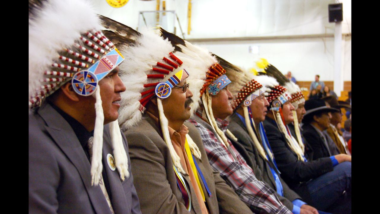 Mourners in full headdress attend the funeral of <a href="http://www.nytimes.com/2016/04/05/us/joseph-medicine-crow-tribal-war-chief-and-historian-dies-at-102.html" target="_blank" target="_blank">Joe Medicine Crow,</a> a historian, U.S. veteran and the Crow Tribe's last surviving war chief, on Wednesday, April 6. He was 102 years old.