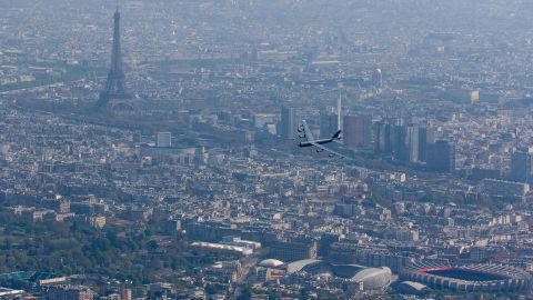 A B-52 bomber flies over Paris on Wednesday, April 20, as it takes part in an aerial parade that honored the 100th anniversary of the Lafayette Escadrille. The Lafayette Escadrille was largely made up of American pilots who volunteered to fight for France before the United States entered World War I.