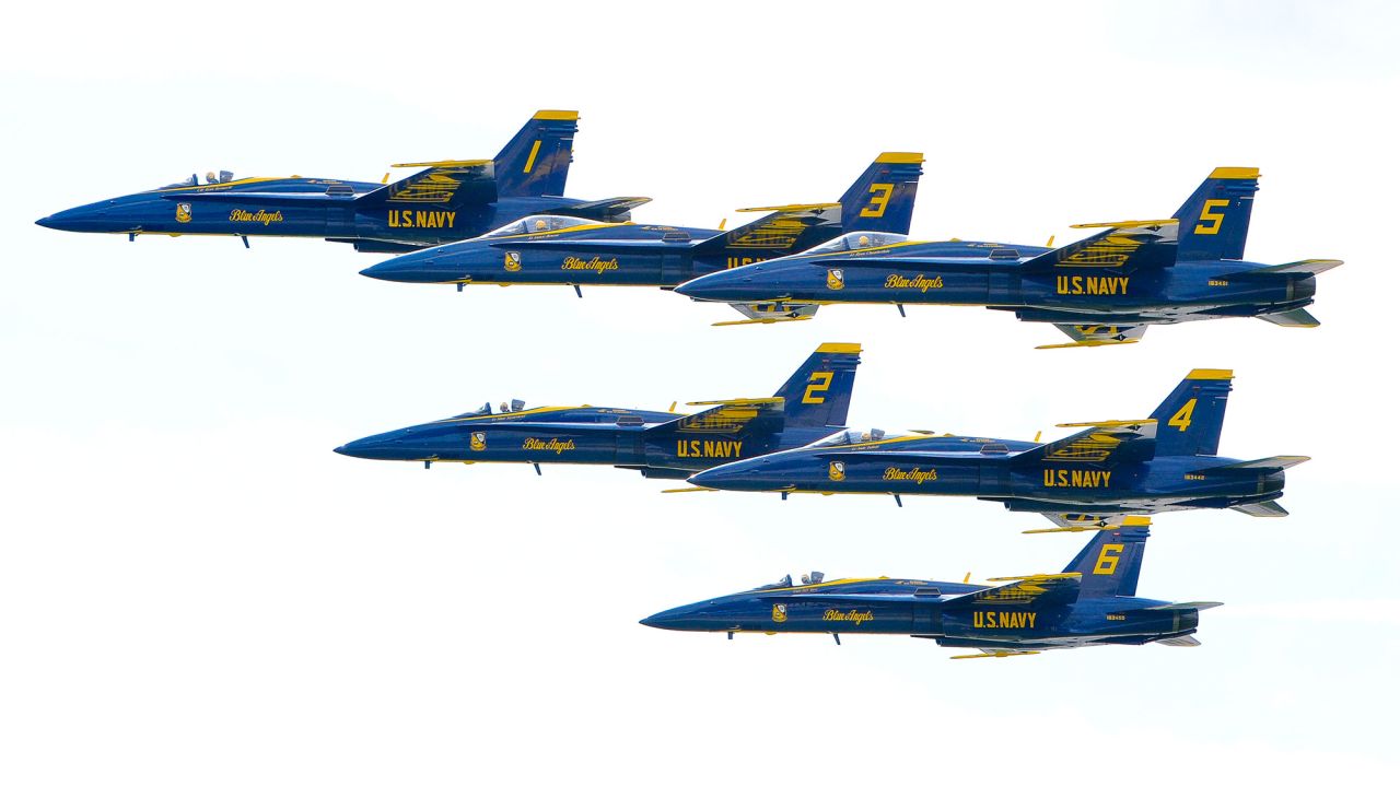 The U.S. Navy's Blue Angels fly in formation during a demonstration in Fort Worth, Texas, on Sunday, April 24. The squadron is scheduled to perform 66 demonstrations in 34 U.S. locations this year.