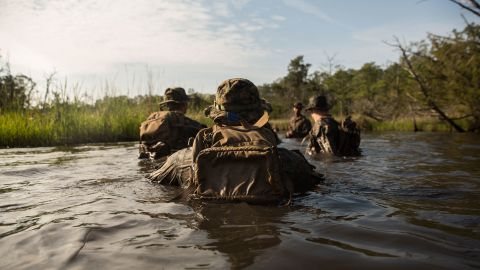 U.S. Marines take part in a training exercise in Camp Lejeune, North Carolina, on Wednesday, April 20.