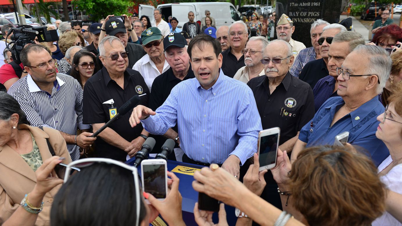 U.S. Sen. Marco Rubio speaks at a Miami event honoring veterans on Sunday, April 17, the 55th anniversary of the Bay of Pigs invasion.