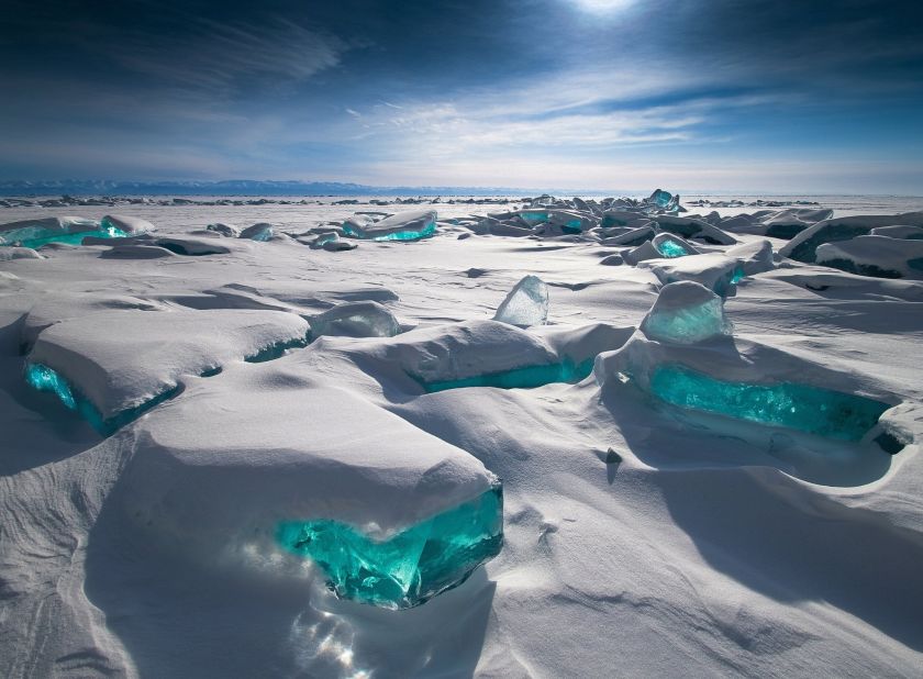 Frozen for at least four months a year, Baikal's water is so clean that it forms ice that turns into shockingly vivid shades of blue.