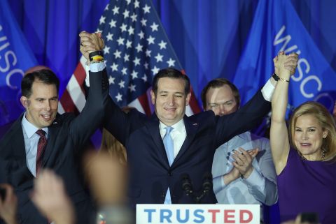 Cruz celebrates his Wisconsin primary win with his wife, Heidi, and Gov. Scott Walker in Milwaukee on Tuesday, April 5. Walker endorsed Cruz for the presidency.