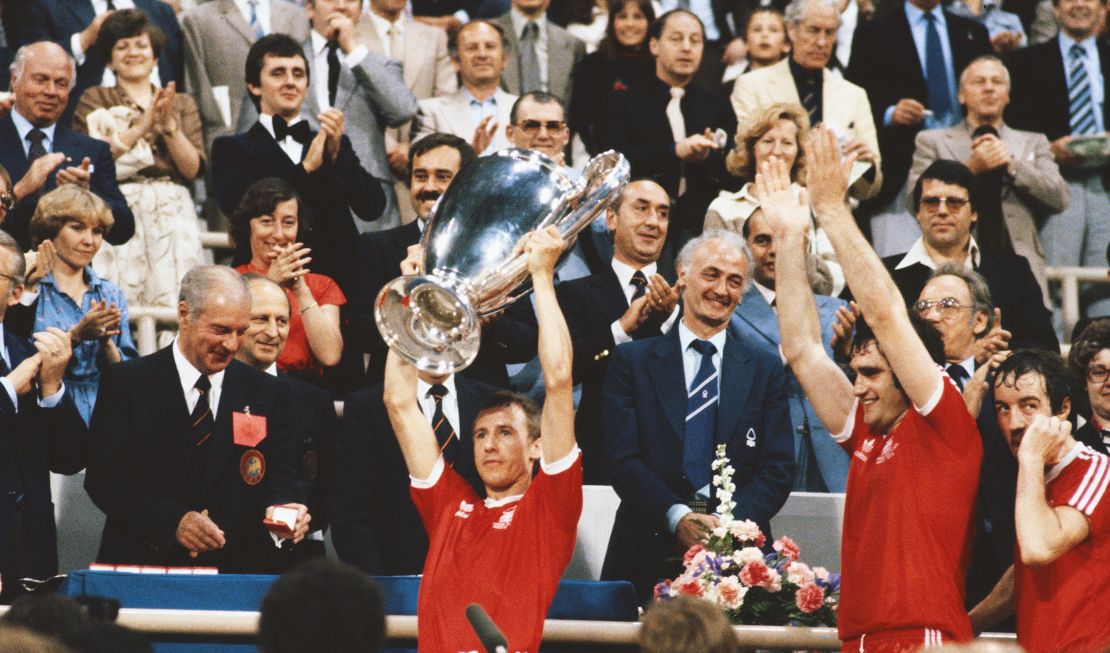 Forest captain John McGovern lifts the trophy after the 1979 European Cup win.