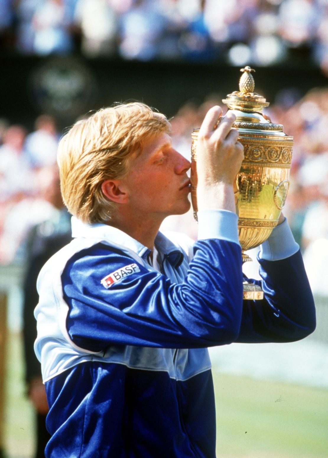 Becker of Germany celebrates winning the 1985 Wimbledon Championship.