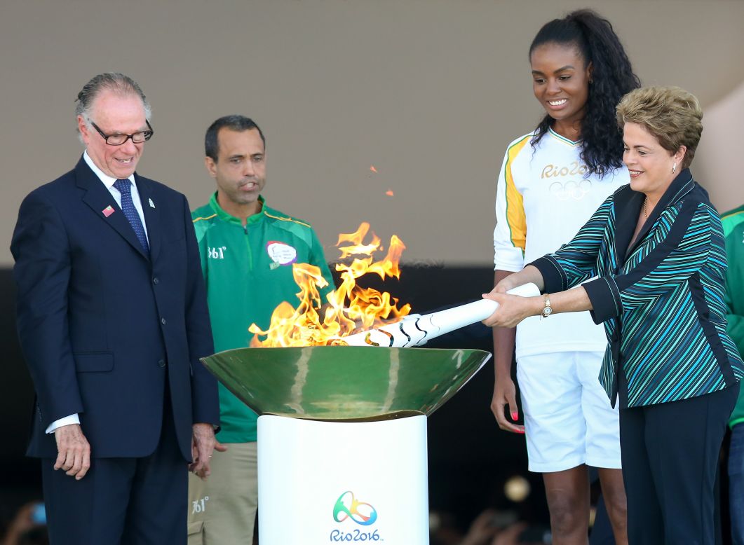 Brazilian president Dilma Rousseff then relit the Olympic torch on May 3. The flame has since passed through 329 cities on its way to Rio de Janeiro.