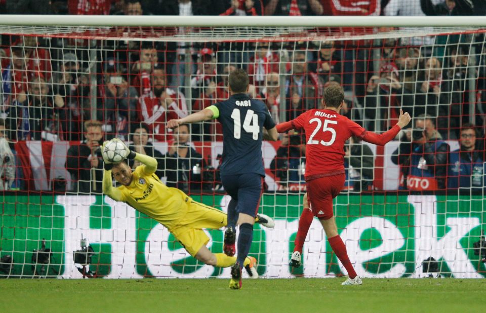 Bayern was dominating and a foul by Jose Gimenez on Javi Martinez led to the home side being awarded a penalty. Muller took the penalty but his effort was turned away brilliantly by Oblak.