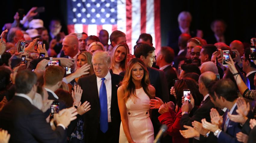 NEW YORK, NY - MAY 03:  Republican presidential candidate Donald Trump and his wife Melania Trump arrive to speak to supporters at Trump Tower in Manhattan following his victory in the Indiana primary on May 03, 2016 in New York City. Trump beat rival Ted Cruz decisively in a contest that many analysts believe was the last chance for any other Republican candidate to catch Trump in the delegate count.  (Photo by Spencer Platt/Getty Images)